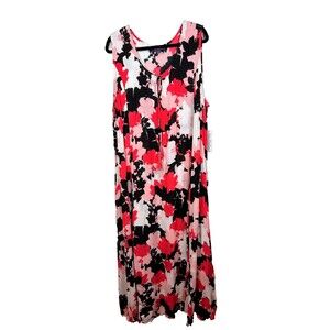 NWT Roaman's Floral Maxi Dress Pink Black White Tassel Neck Tie Sleeveless 2X
